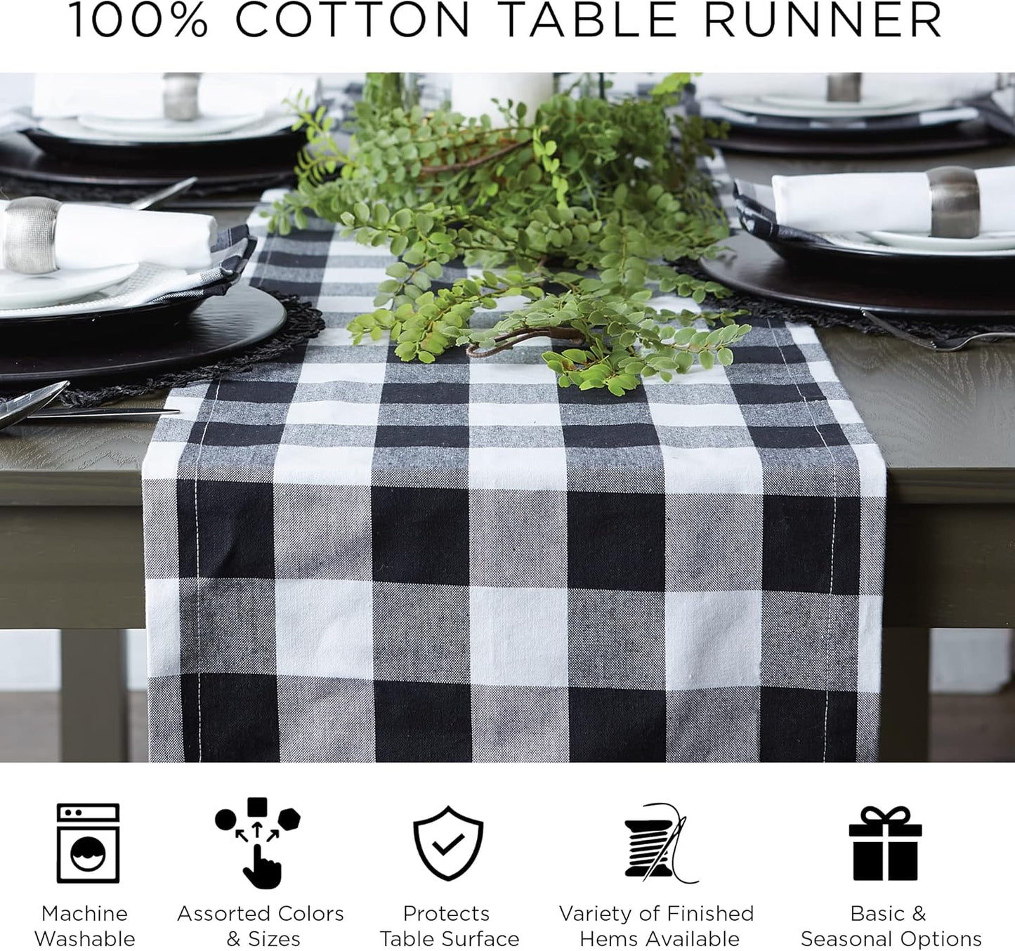 Checkered Tabletop Collection 100% Cotton, Machine Washable, Table Runner, 14x108, Yellow