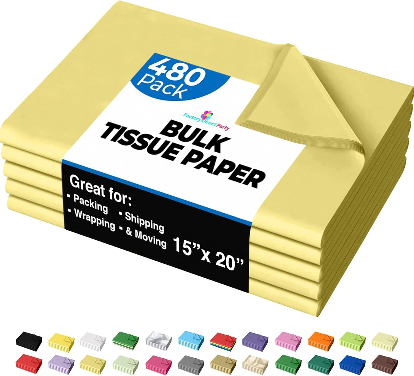 Party Solids Ivory Tissue Paper for Gift Bags - 15" X 20" Bulk Tissue Paper Ivory 480 Sheets - 10lb Newsprint for Packing, Birthday Gift Box Filler, Packing Supplies for Moving Supplies