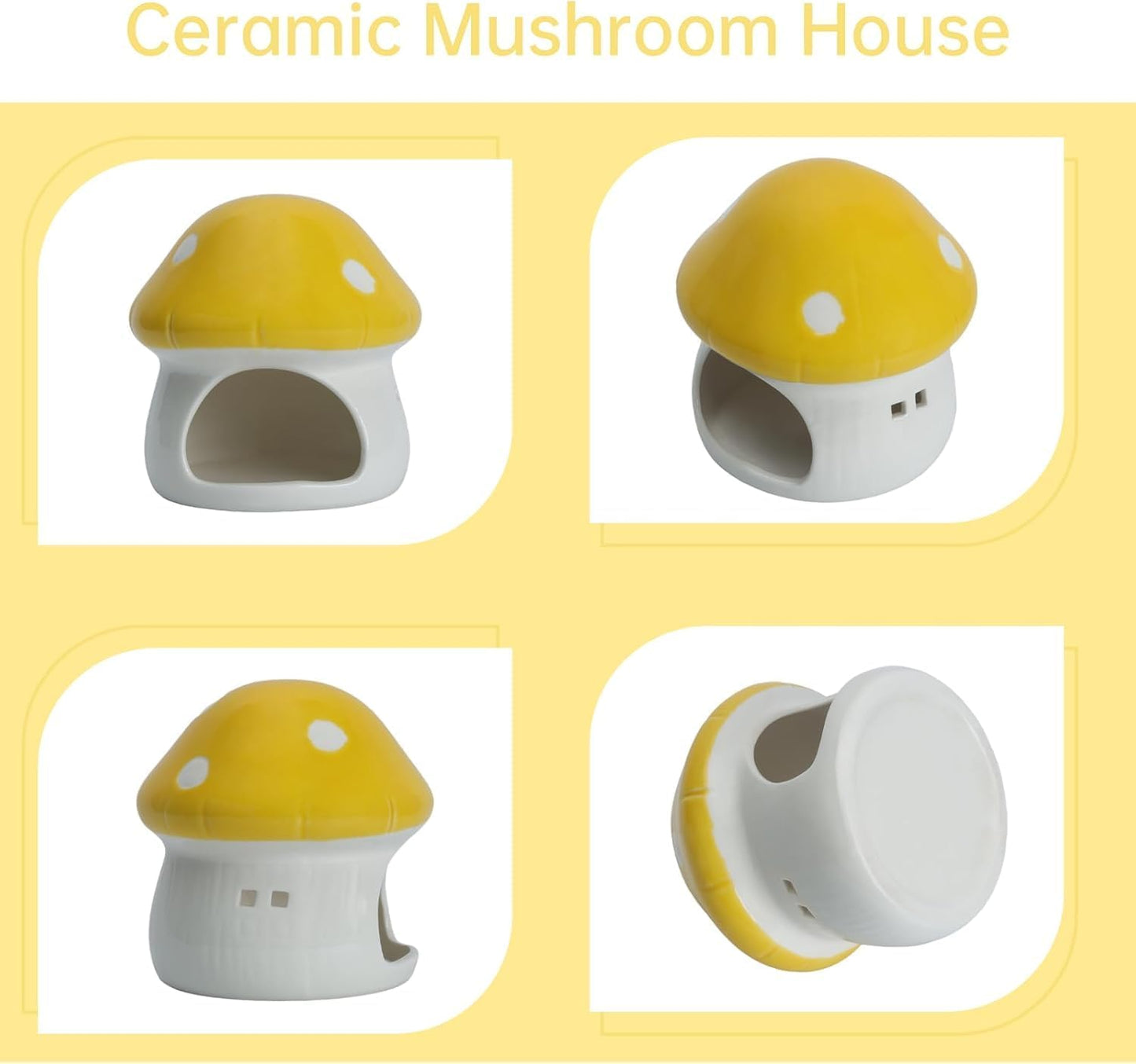 Aquarium Mushroom House Decorations, Ceramic Fish Tank Hideout Landscaping, Small Fish Hideaway Spawning Cave Decor for Shrimp Goldfish (Yellow)