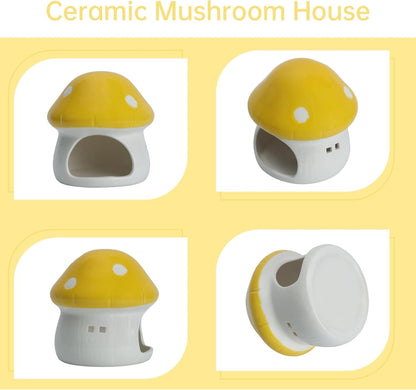 Aquarium Mushroom House Decorations, Ceramic Fish Tank Hideout Landscaping, Small Fish Hideaway Spawning Cave Decor for Shrimp Goldfish (Yellow)