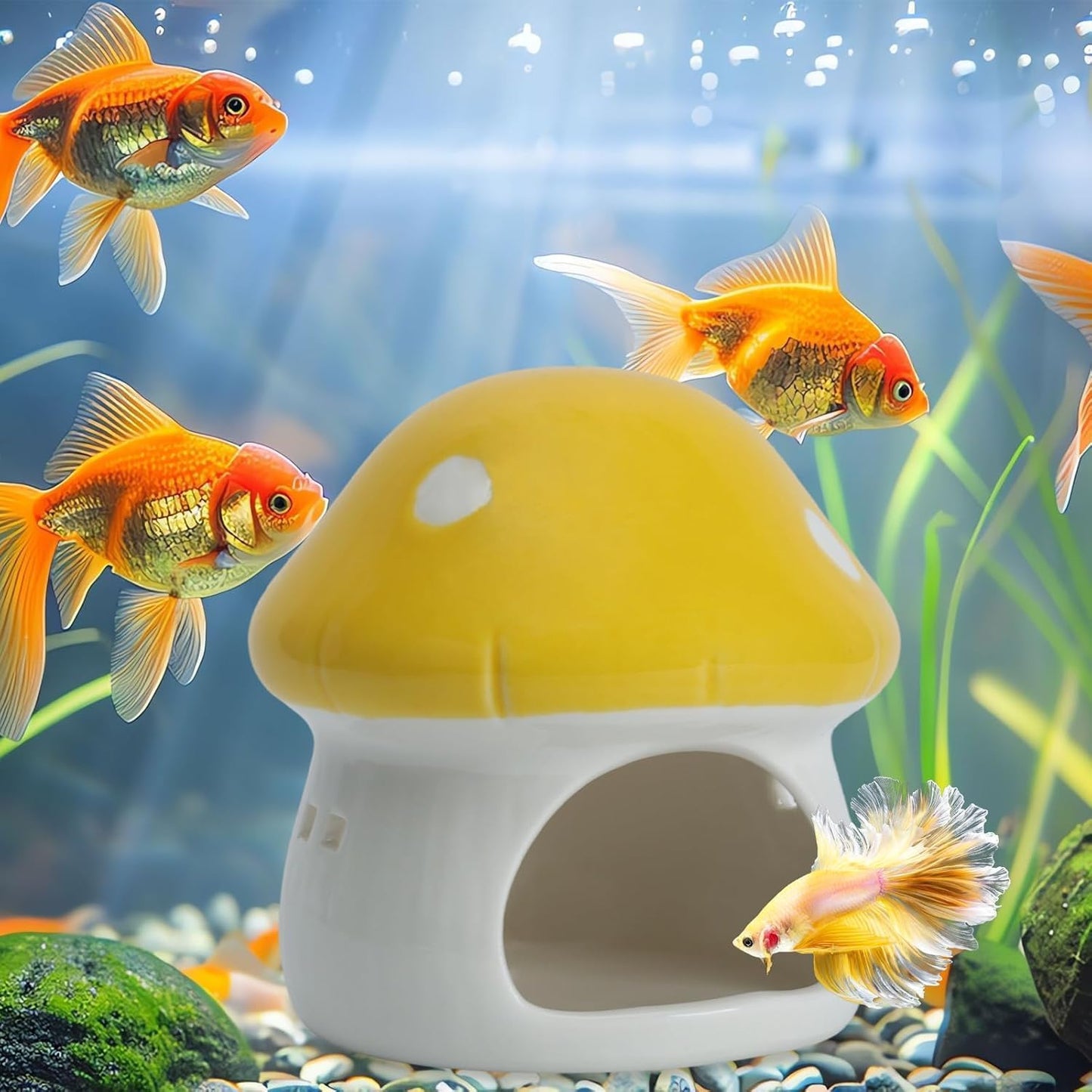 Aquarium Mushroom House Decorations, Ceramic Fish Tank Hideout Landscaping, Small Fish Hideaway Spawning Cave Decor for Shrimp Goldfish (Yellow)
