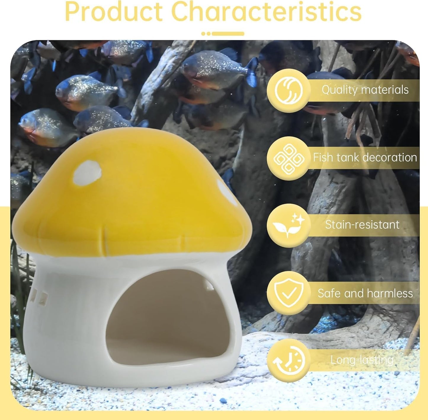 Aquarium Mushroom House Decorations, Ceramic Fish Tank Hideout Landscaping, Small Fish Hideaway Spawning Cave Decor for Shrimp Goldfish (Yellow)