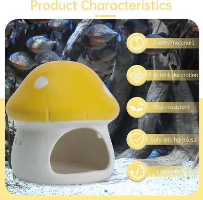 Aquarium Mushroom House Decorations, Ceramic Fish Tank Hideout Landscaping, Small Fish Hideaway Spawning Cave Decor for Shrimp Goldfish (Yellow)