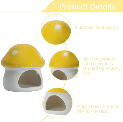 Aquarium Mushroom House Decorations, Ceramic Fish Tank Hideout Landscaping, Small Fish Hideaway Spawning Cave Decor for Shrimp Goldfish (Yellow)