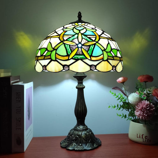 Tiffany Table Lamp Yellow Stained Glass Reading Light 3-Way Small Decorate Lamp for Home Living Room Nightstand Bedroom Office Include Bulb