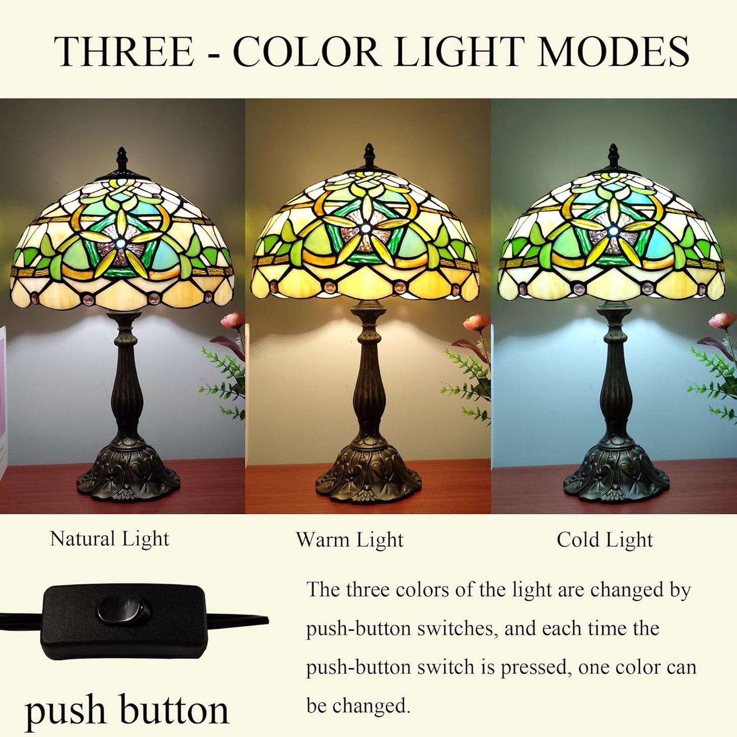 Tiffany Table Lamp Yellow Stained Glass Reading Light 3-Way Small Decorate Lamp for Home Living Room Nightstand Bedroom Office Include Bulb