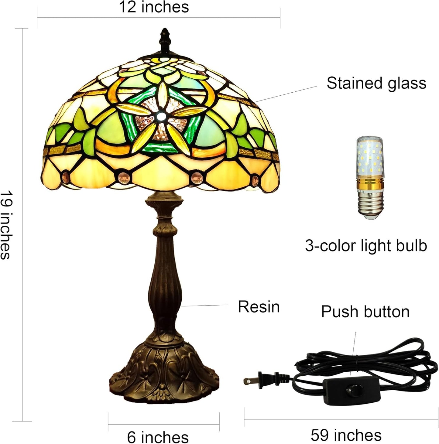 Tiffany Table Lamp Yellow Stained Glass Reading Light 3-Way Small Decorate Lamp for Home Living Room Nightstand Bedroom Office Include Bulb