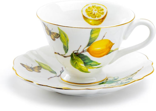 Lemon Butterfly Tea Cup and Saucer with Gold Trim, Summer Time Italian Lemon Fluted Tea Cup and Saucer Set