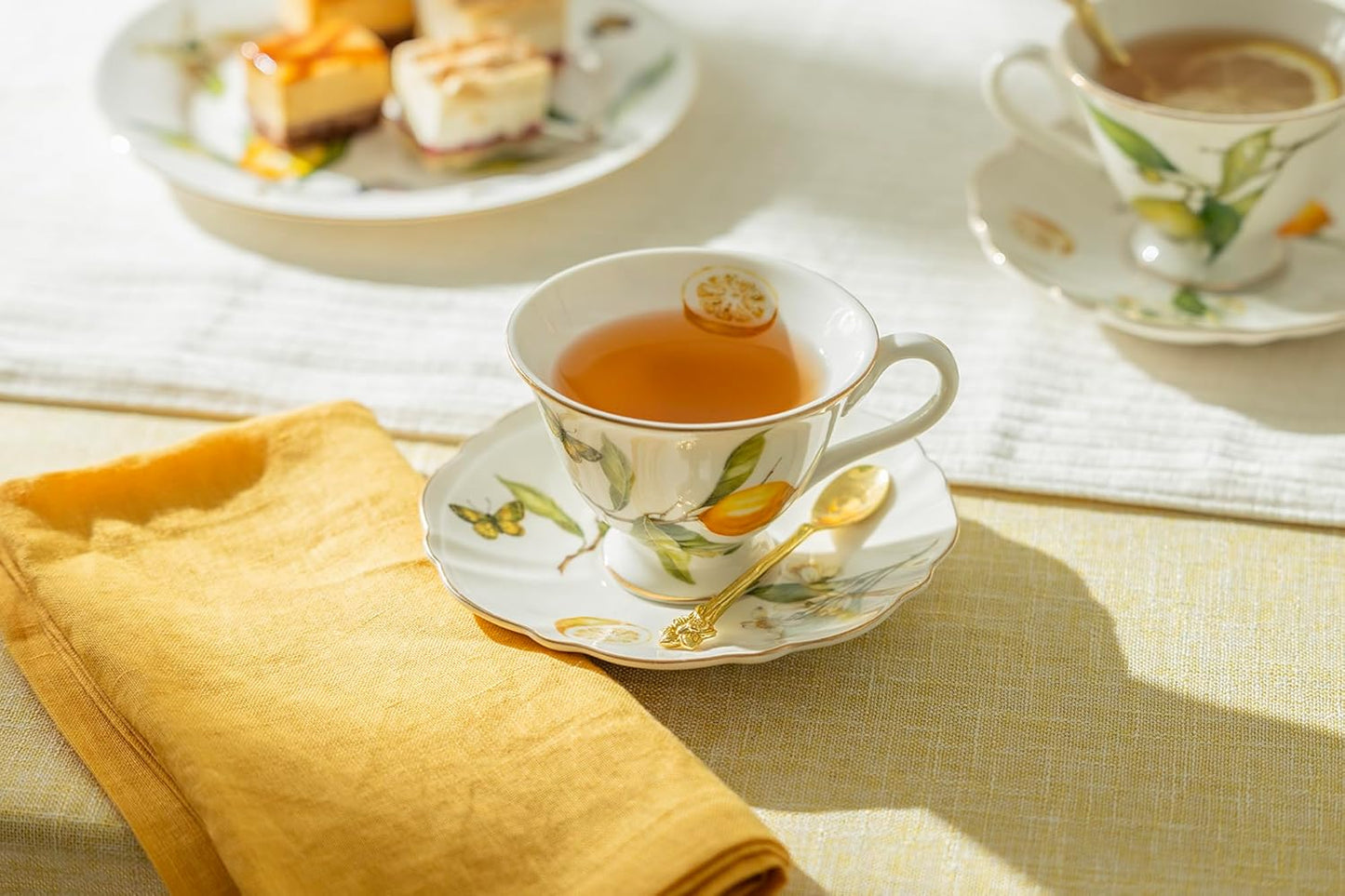 Lemon Butterfly Tea Cup and Saucer with Gold Trim, Summer Time Italian Lemon Fluted Tea Cup and Saucer Set