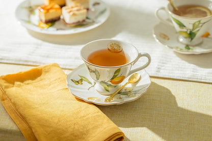 Lemon Butterfly Tea Cup and Saucer with Gold Trim, Summer Time Italian Lemon Fluted Tea Cup and Saucer Set