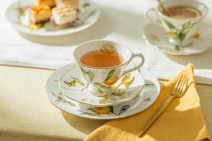 Lemon Butterfly Tea Cup and Saucer with Gold Trim, Summer Time Italian Lemon Fluted Tea Cup and Saucer Set