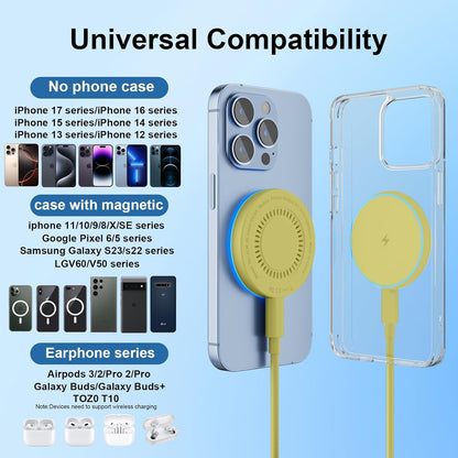 MagSafe Charger 2 Pack 15W Magnetic Wireless Charger Fast Charging Pad Compatible with iPhone 17/16/15/14/13/12 Series & AirPods 3/2/Pro Magnetic MagSafe Charging Pad with Dual Ports-Yellow
