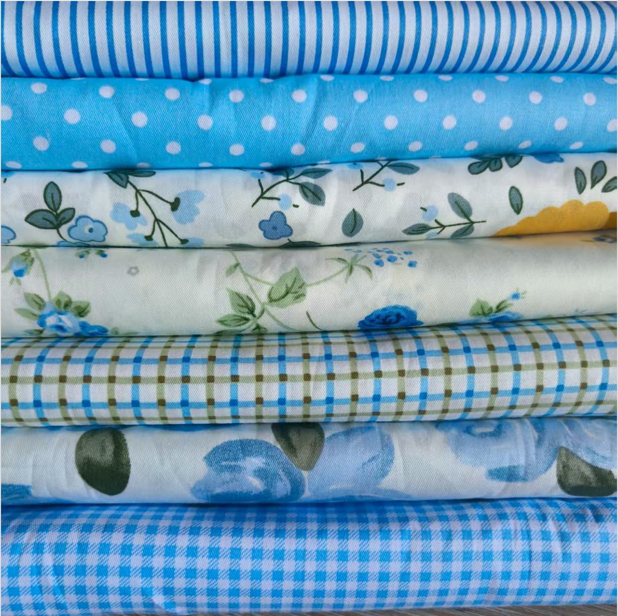 7PCS 9.8" x 9.8"(25 * 25CM) Quilting Fat Quarters Fabric Bundles, for Sewing Crafting,Print Floral Striped Polka Dot 100% Cotton Gingham Fabric (Yellow, 25 * 25cm)