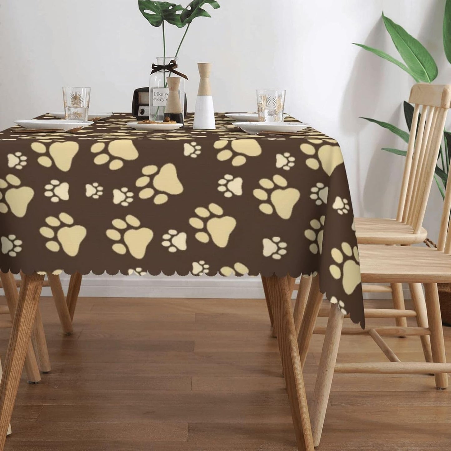 Cute Dog Paws Table Cloth for Dining Tables, Reusable Puppy Paw Doggy Tablecloths Brown Yellow Dog Footprints Tabletop Decoration Rectangle Table Cover for Home Kitchen Holiday 54x72Inch
