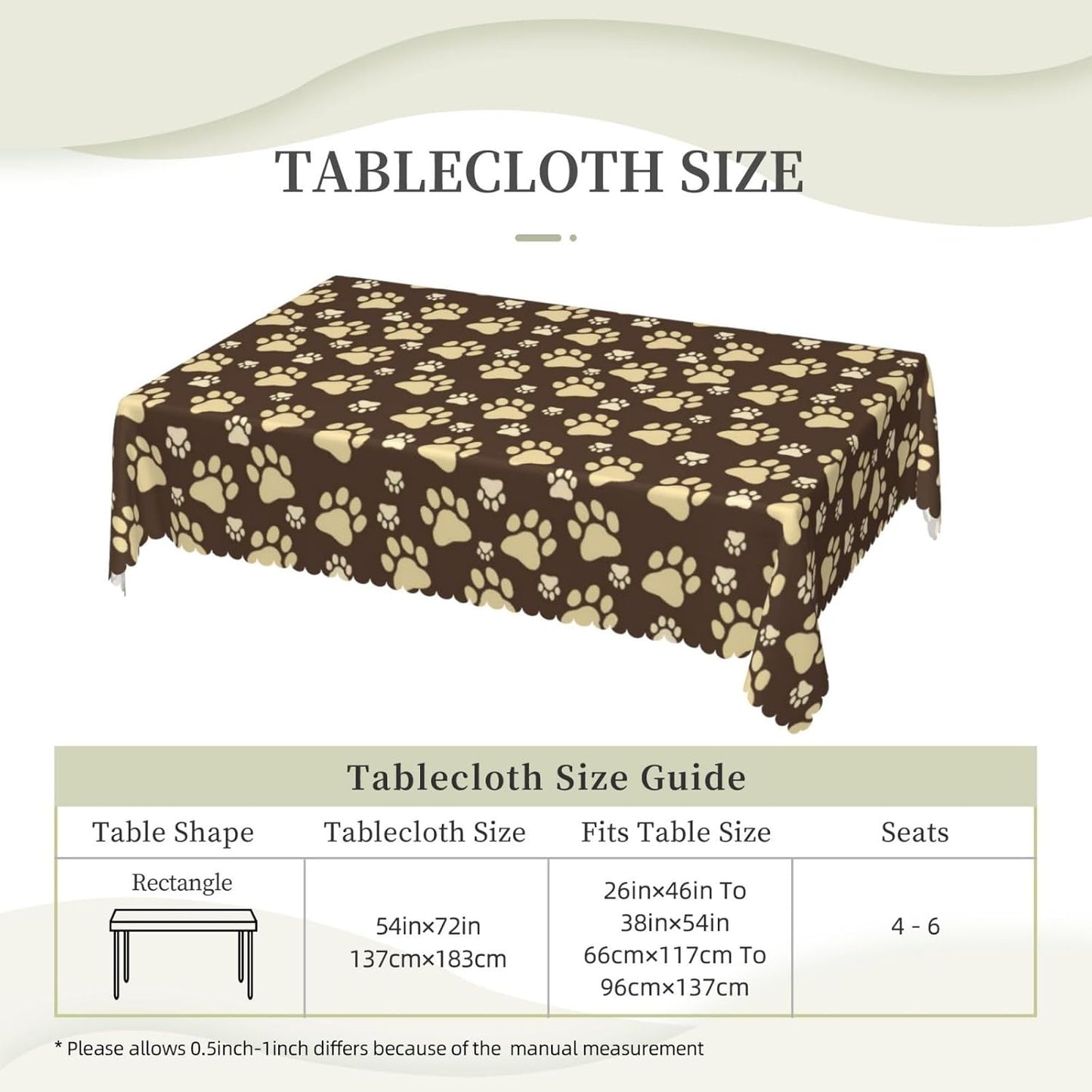 Cute Dog Paws Table Cloth for Dining Tables, Reusable Puppy Paw Doggy Tablecloths Brown Yellow Dog Footprints Tabletop Decoration Rectangle Table Cover for Home Kitchen Holiday 54x72Inch