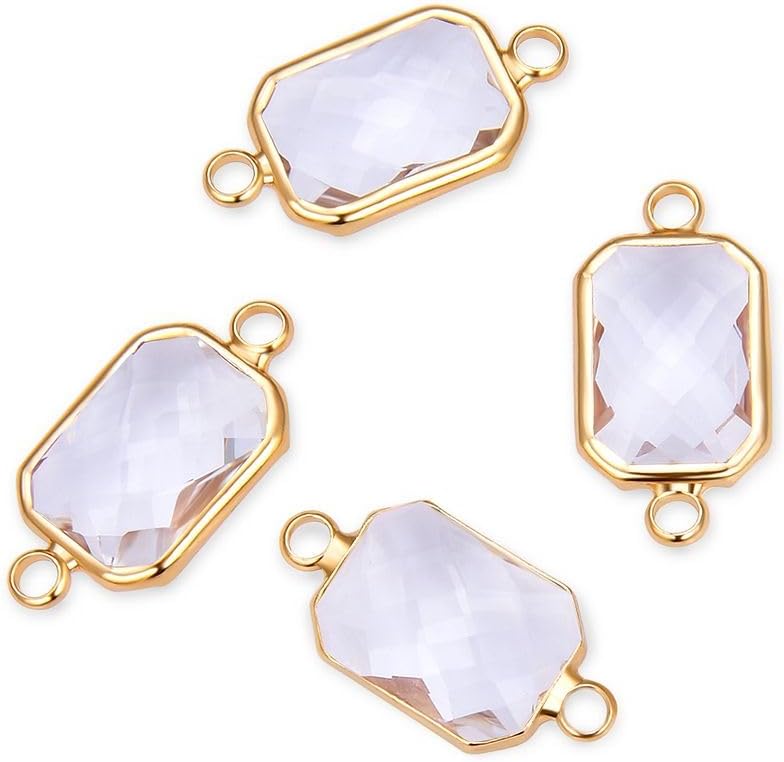 Adabele 10pcs Grade A April Diamond Clear Birthstone Connector Rectangle Radiant Cut Link 14mm 18K Yellow Gold Plated Crystal Rhinestone Bead