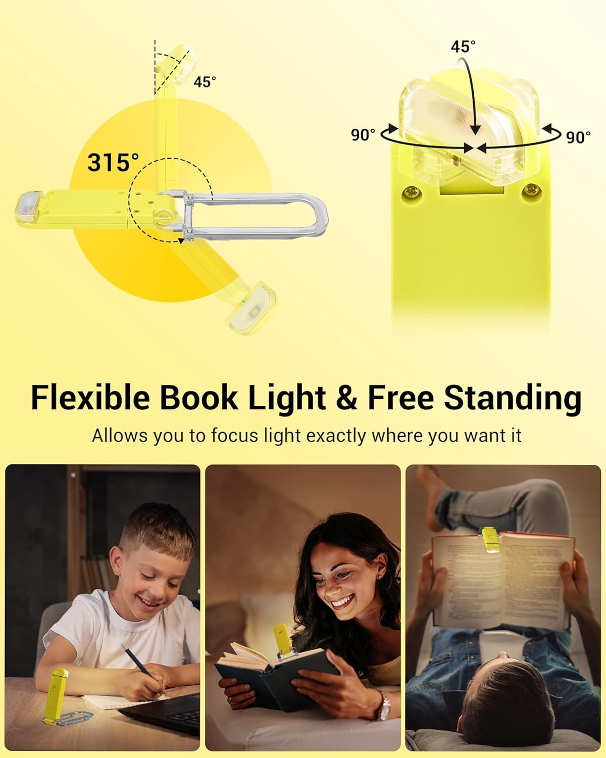 Rechargeable Book Light for Reading in Bed, Warm White, Brightness Adjustable for Eye Care, LED Clip on Book Lights for Kids, Portable Bookmark Light, Yellow