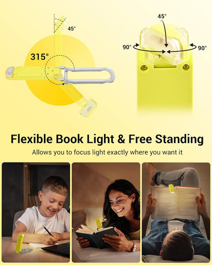 Rechargeable Book Light for Reading in Bed, Warm White, Brightness Adjustable for Eye Care, LED Clip on Book Lights for Kids, Portable Bookmark Light, Yellow