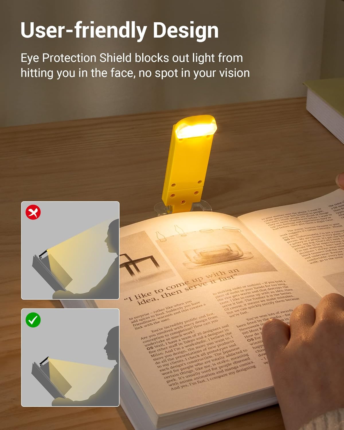 Rechargeable Book Light for Reading in Bed, Warm White, Brightness Adjustable for Eye Care, LED Clip on Book Lights for Kids, Portable Bookmark Light, Yellow