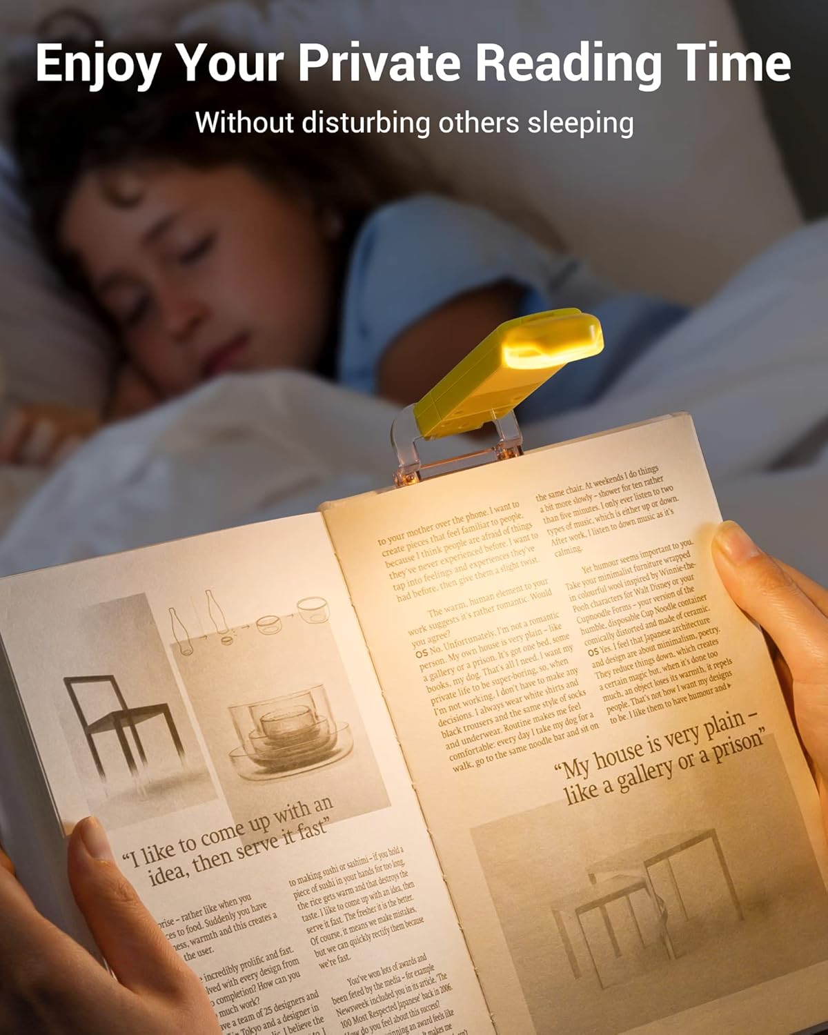 Rechargeable Book Light for Reading in Bed, Warm White, Brightness Adjustable for Eye Care, LED Clip on Book Lights for Kids, Portable Bookmark Light, Yellow