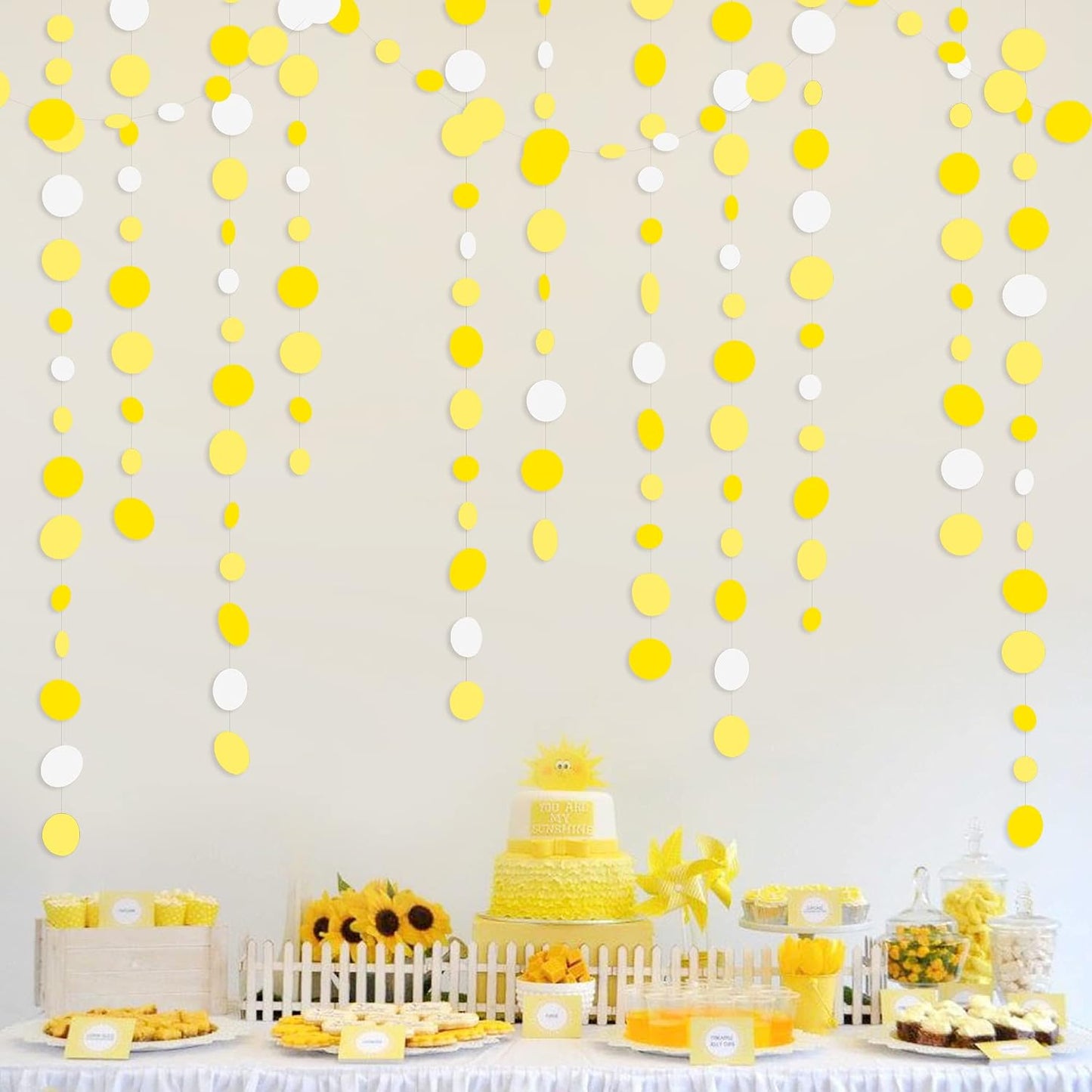 46 Ft Yellow White Circle Dots Garland Gradient Yellow Polka Dot Hanging Paper Streamer for Wedding Bridal Shower Birthday Engagement Bee Sunflower Lemon Themed Party Decorations Supplies