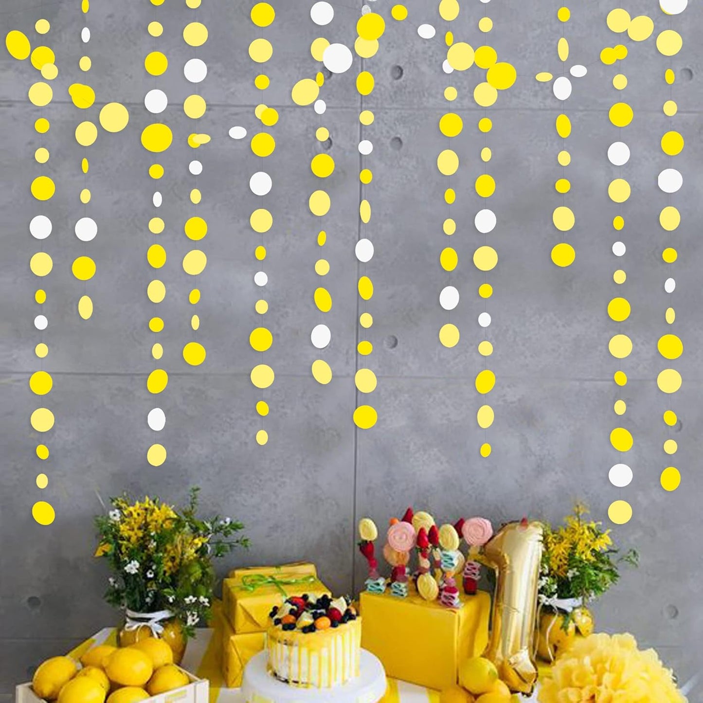 46 Ft Yellow White Circle Dots Garland Gradient Yellow Polka Dot Hanging Paper Streamer for Wedding Bridal Shower Birthday Engagement Bee Sunflower Lemon Themed Party Decorations Supplies