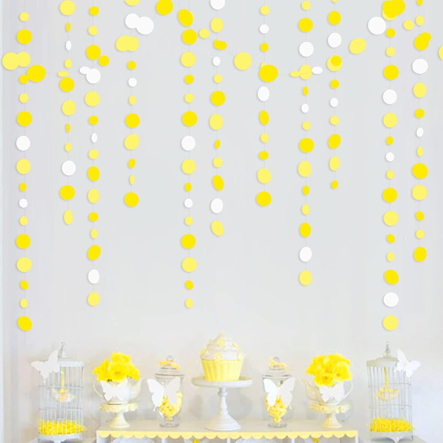 46 Ft Yellow White Circle Dots Garland Gradient Yellow Polka Dot Hanging Paper Streamer for Wedding Bridal Shower Birthday Engagement Bee Sunflower Lemon Themed Party Decorations Supplies