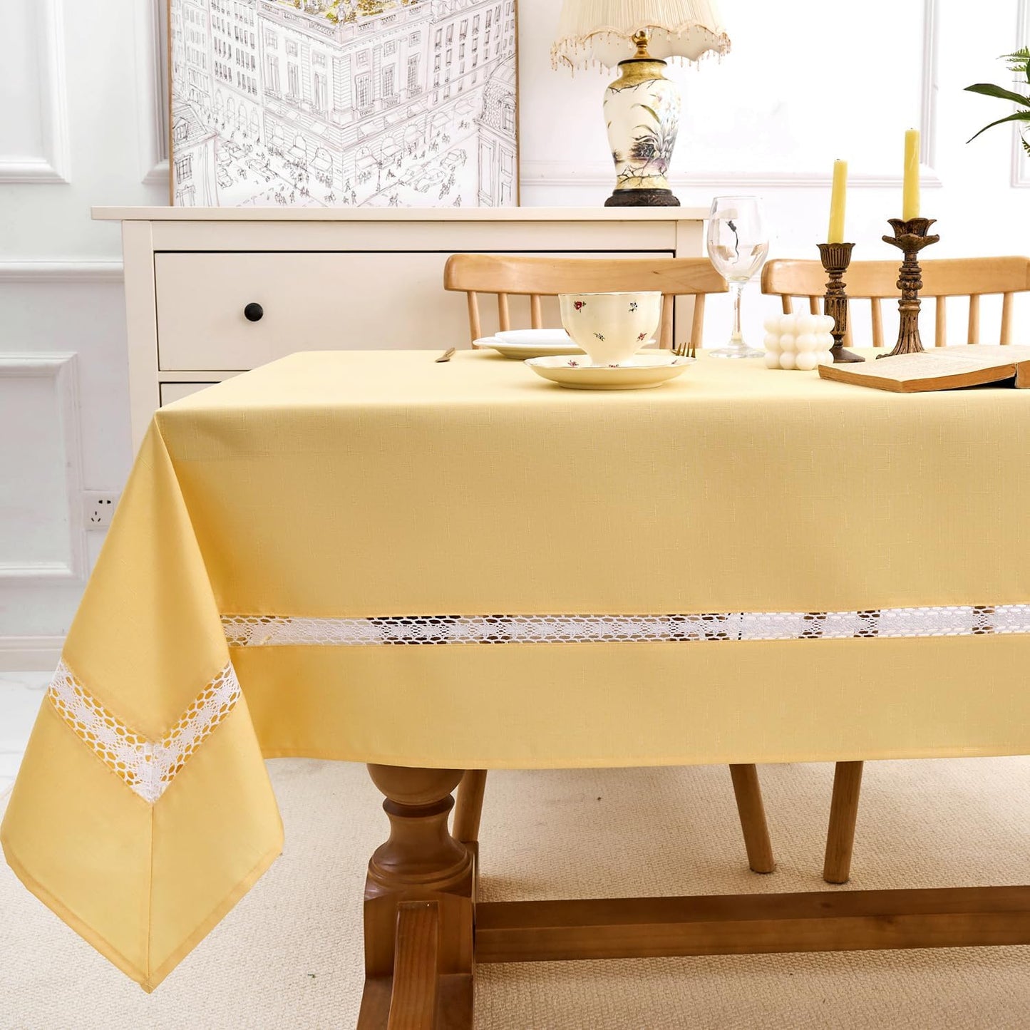 Heavy Duty Fabric Tablecloth with White Lace-Waterproof/Wrinkle Free/Stain Resistant/Oil Proof-for Dining,Indoor&Outdoor,Wedding,Holiday,Yellow,Rectangle 60x102Inch