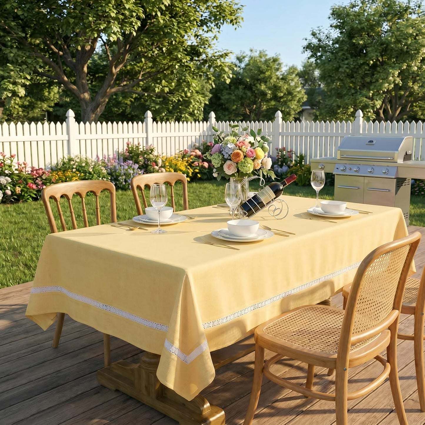 Heavy Duty Fabric Tablecloth with White Lace-Waterproof/Wrinkle Free/Stain Resistant/Oil Proof-for Dining,Indoor&Outdoor,Wedding,Holiday,Yellow,Rectangle 60x102Inch