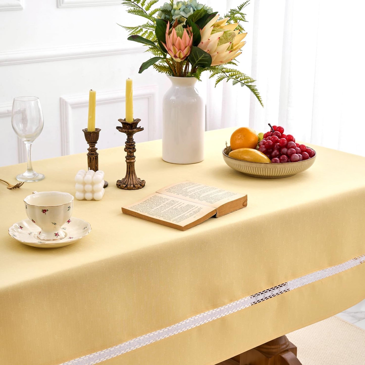 Heavy Duty Fabric Tablecloth with White Lace-Waterproof/Wrinkle Free/Stain Resistant/Oil Proof-for Dining,Indoor&Outdoor,Wedding,Holiday,Yellow,Rectangle 60x102Inch