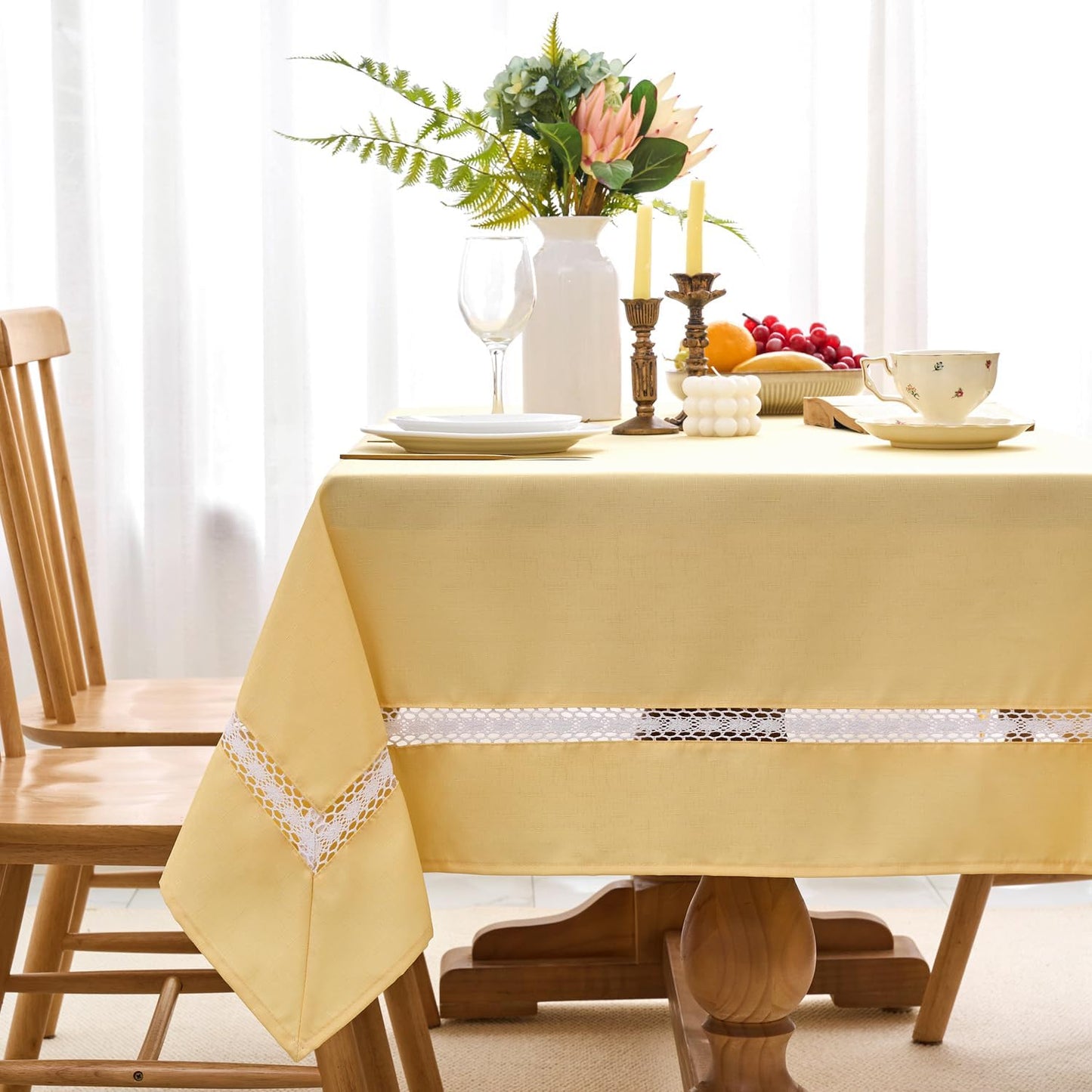 Heavy Duty Fabric Tablecloth with White Lace-Waterproof/Wrinkle Free/Stain Resistant/Oil Proof-for Dining,Indoor&Outdoor,Wedding,Holiday,Yellow,Rectangle 60x102Inch