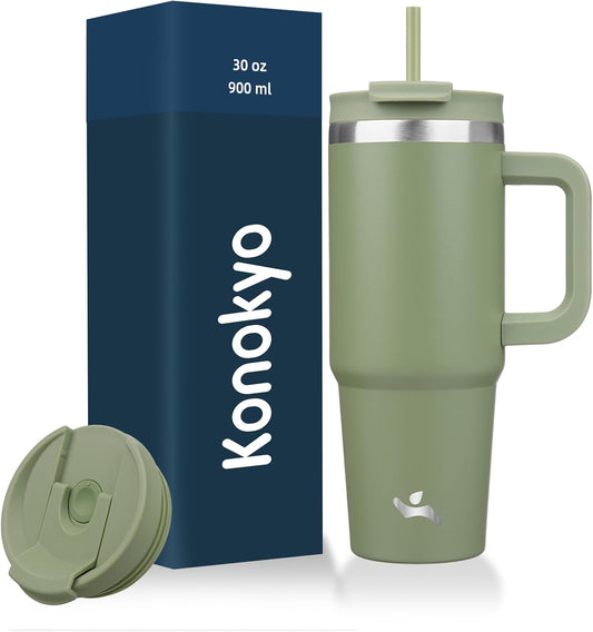 30 oz Insulated Tumbler Water Bottle with Handle, Straw Lid | BPA-free and dishwasher safe; made for gym, travel, coffee and gifting, 2 straws, cup holder friendly,Lemon
