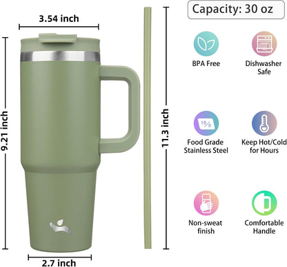 30 oz Insulated Tumbler Water Bottle with Handle, Straw Lid | BPA-free and dishwasher safe; made for gym, travel, coffee and gifting, 2 straws, cup holder friendly,Lemon