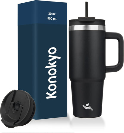 30 oz Insulated Tumbler Water Bottle with Handle, Straw Lid | BPA-free and dishwasher safe; made for gym, travel, coffee and gifting, 2 straws, cup holder friendly,Lemon