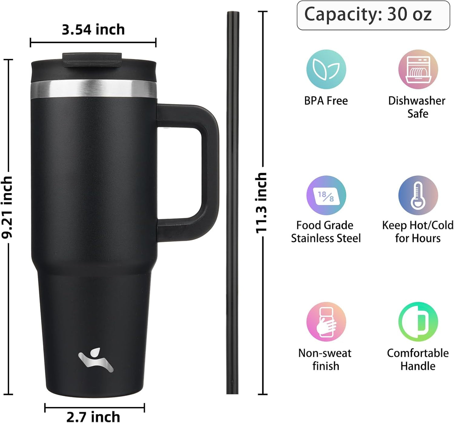 30 oz Insulated Tumbler Water Bottle with Handle, Straw Lid | BPA-free and dishwasher safe; made for gym, travel, coffee and gifting, 2 straws, cup holder friendly,Lemon