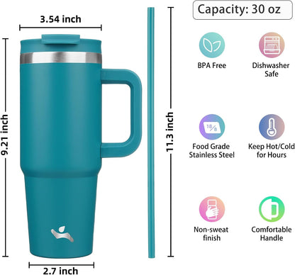 30 oz Insulated Tumbler Water Bottle with Handle, Straw Lid | BPA-free and dishwasher safe; made for gym, travel, coffee and gifting, 2 straws, cup holder friendly,Lemon