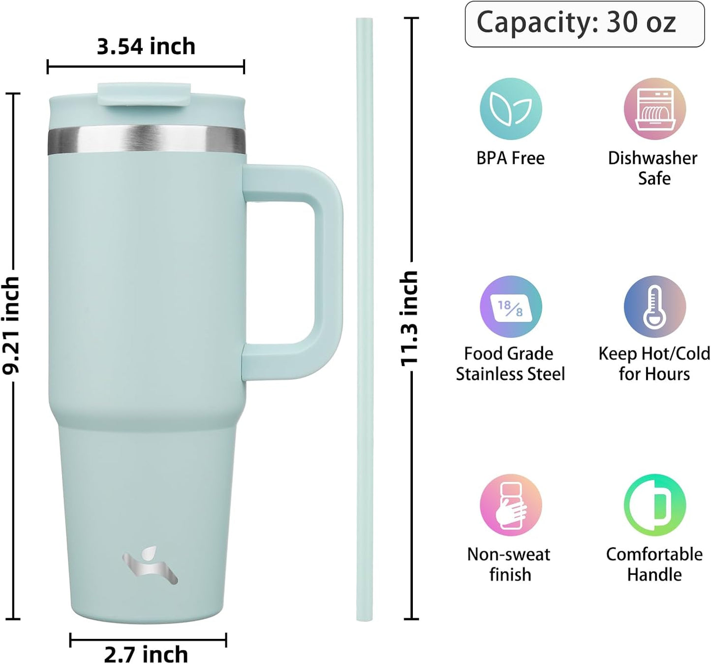30 oz Insulated Tumbler Water Bottle with Handle, Straw Lid | BPA-free and dishwasher safe; made for gym, travel, coffee and gifting, 2 straws, cup holder friendly,Lemon