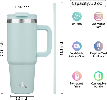 30 oz Insulated Tumbler Water Bottle with Handle, Straw Lid | BPA-free and dishwasher safe; made for gym, travel, coffee and gifting, 2 straws, cup holder friendly,Lemon