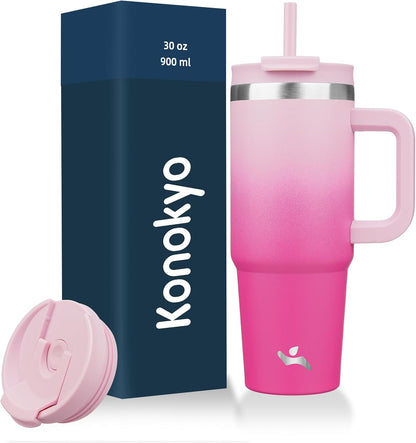 30 oz Insulated Tumbler Water Bottle with Handle, Straw Lid | BPA-free and dishwasher safe; made for gym, travel, coffee and gifting, 2 straws, cup holder friendly,Lemon