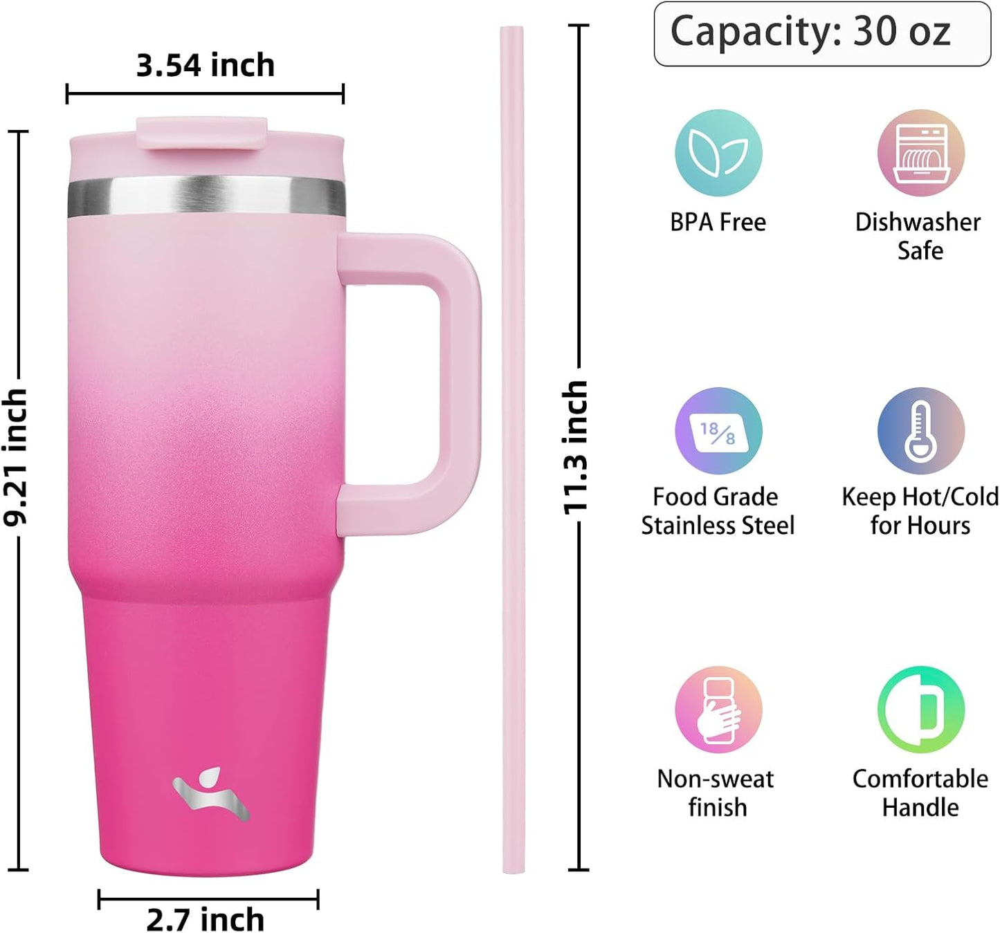 30 oz Insulated Tumbler Water Bottle with Handle, Straw Lid | BPA-free and dishwasher safe; made for gym, travel, coffee and gifting, 2 straws, cup holder friendly,Lemon