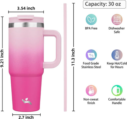 30 oz Insulated Tumbler Water Bottle with Handle, Straw Lid | BPA-free and dishwasher safe; made for gym, travel, coffee and gifting, 2 straws, cup holder friendly,Lemon