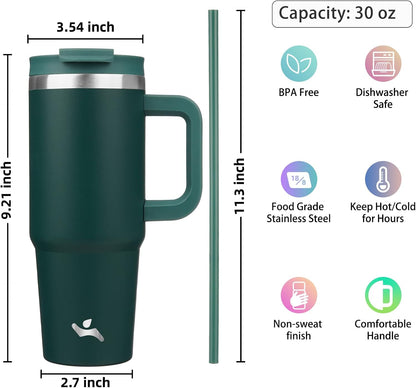 30 oz Insulated Tumbler Water Bottle with Handle, Straw Lid | BPA-free and dishwasher safe; made for gym, travel, coffee and gifting, 2 straws, cup holder friendly,Lemon