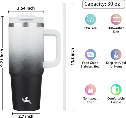 30 oz Insulated Tumbler Water Bottle with Handle, Straw Lid | BPA-free and dishwasher safe; made for gym, travel, coffee and gifting, 2 straws, cup holder friendly,Lemon