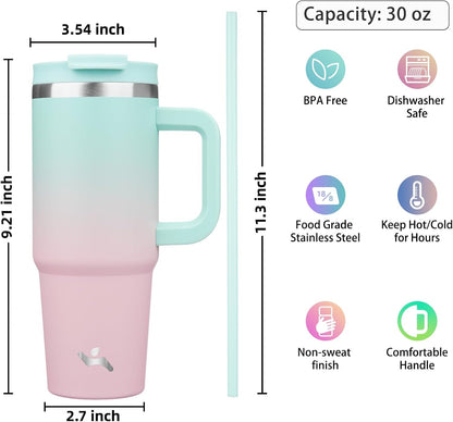 30 oz Insulated Tumbler Water Bottle with Handle, Straw Lid | BPA-free and dishwasher safe; made for gym, travel, coffee and gifting, 2 straws, cup holder friendly,Lemon