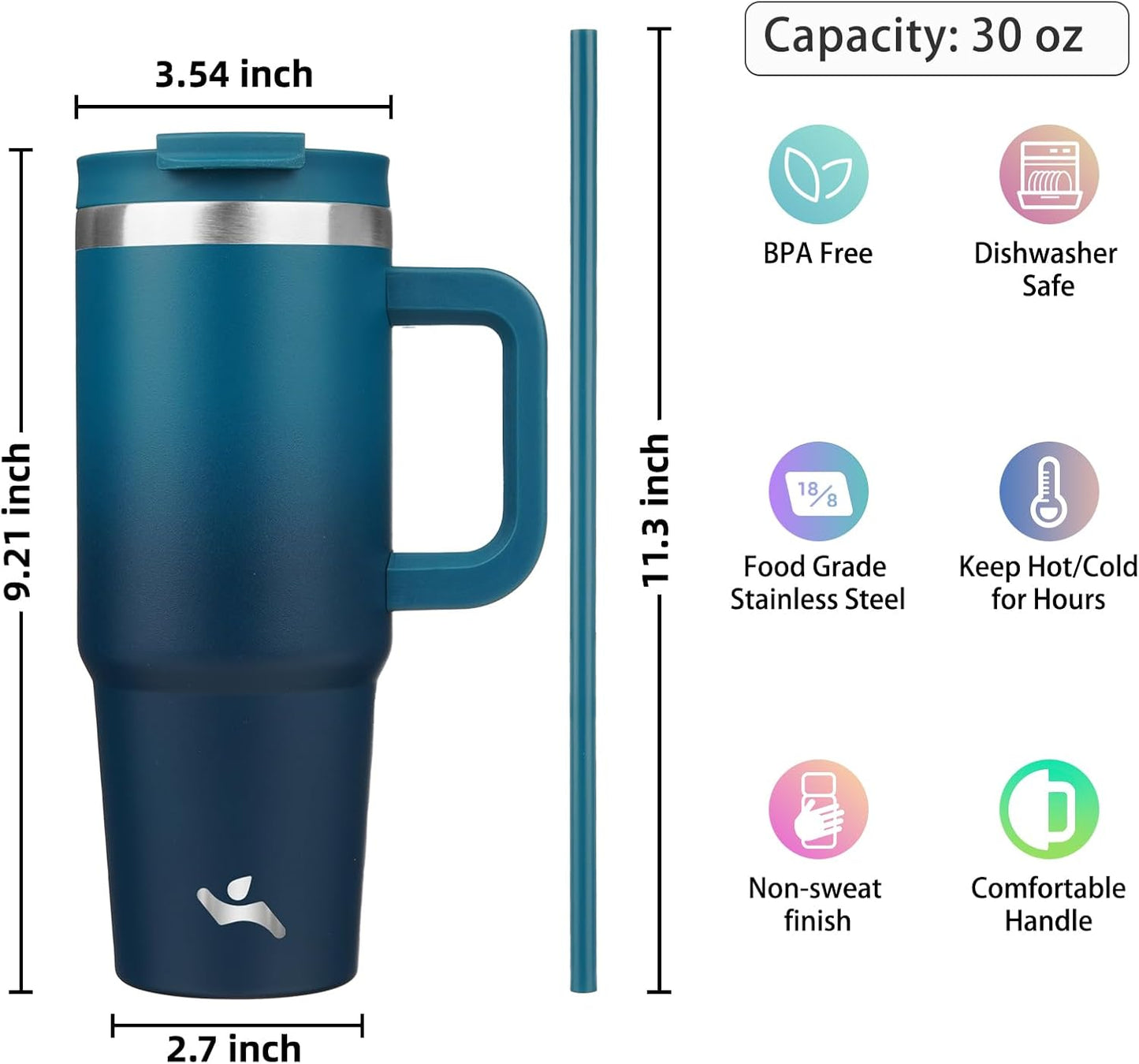 30 oz Insulated Tumbler Water Bottle with Handle, Straw Lid | BPA-free and dishwasher safe; made for gym, travel, coffee and gifting, 2 straws, cup holder friendly,Lemon