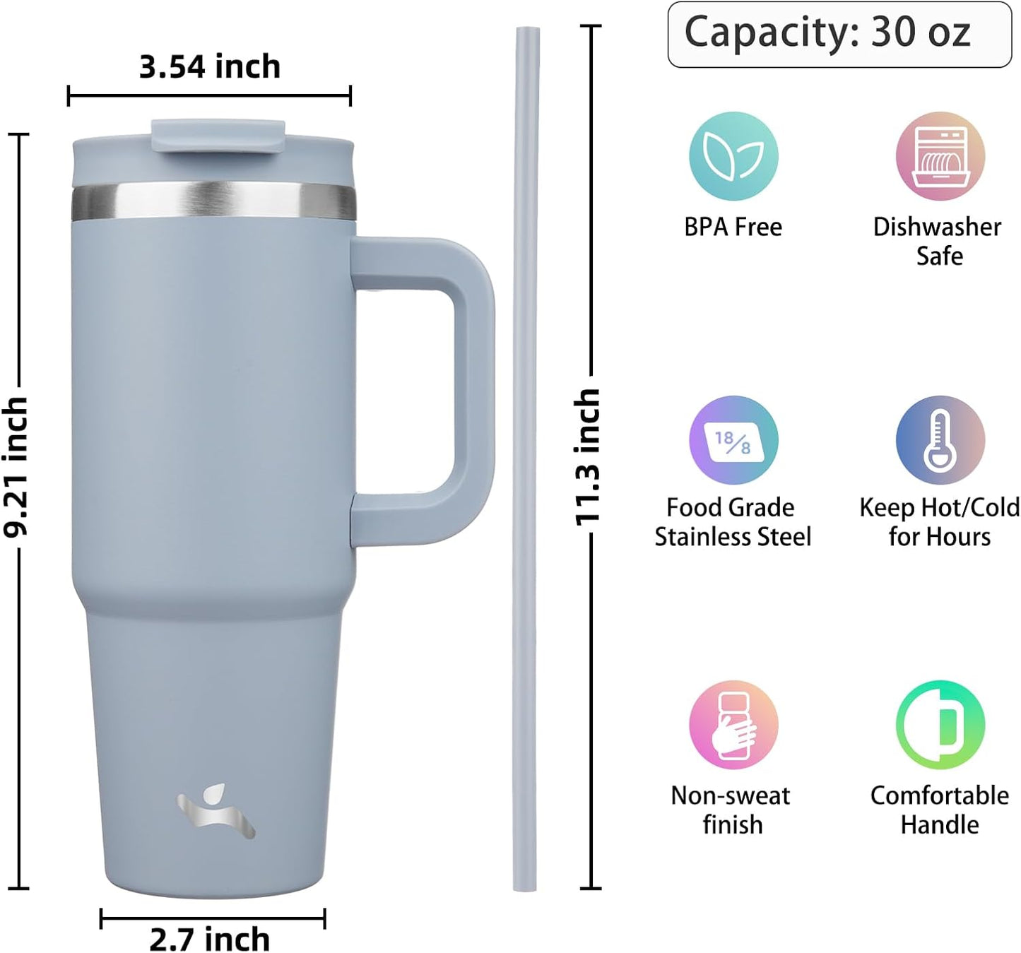 30 oz Insulated Tumbler Water Bottle with Handle, Straw Lid | BPA-free and dishwasher safe; made for gym, travel, coffee and gifting, 2 straws, cup holder friendly,Lemon
