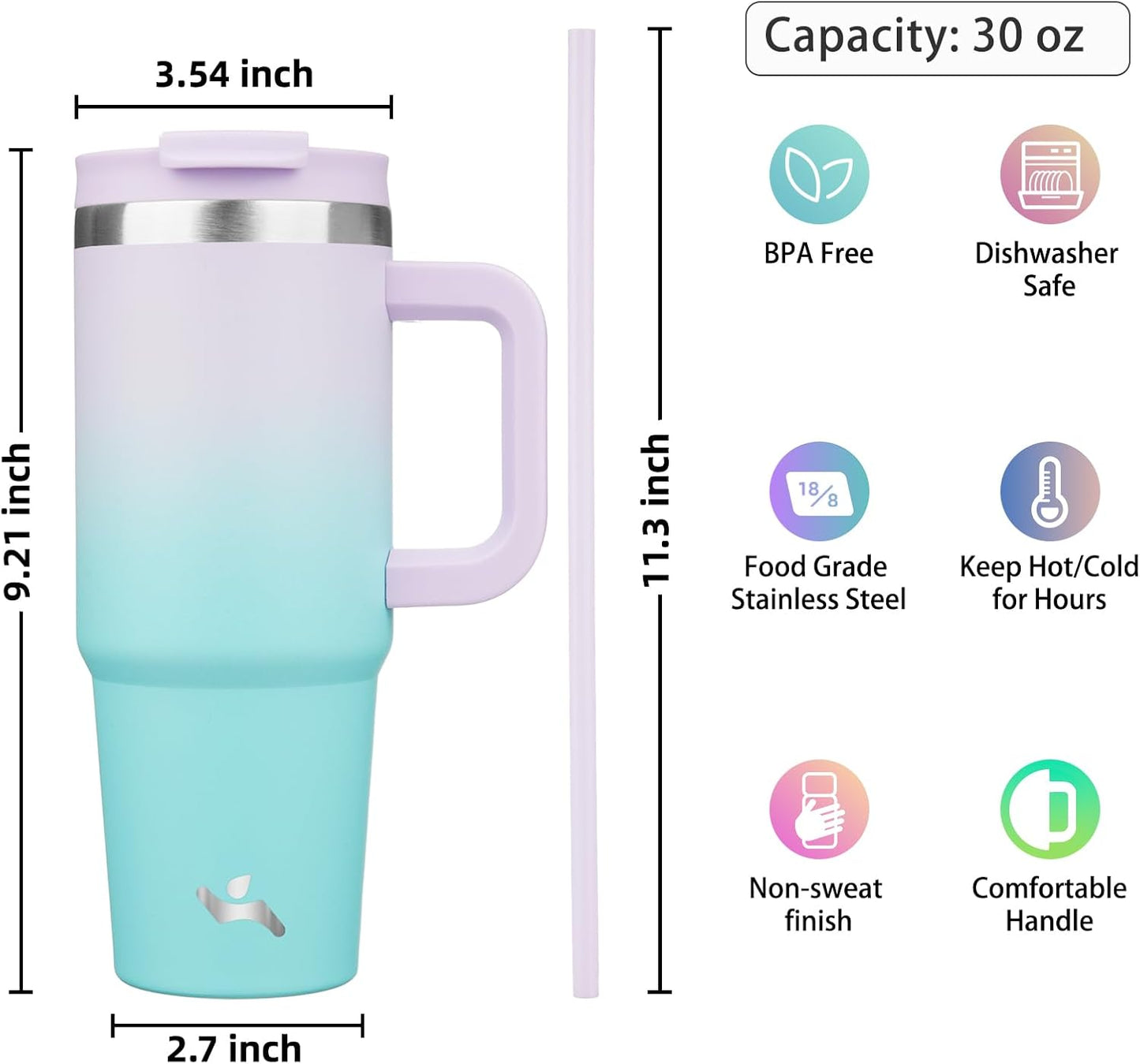 30 oz Insulated Tumbler Water Bottle with Handle, Straw Lid | BPA-free and dishwasher safe; made for gym, travel, coffee and gifting, 2 straws, cup holder friendly,Lemon