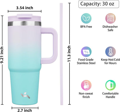 30 oz Insulated Tumbler Water Bottle with Handle, Straw Lid | BPA-free and dishwasher safe; made for gym, travel, coffee and gifting, 2 straws, cup holder friendly,Lemon