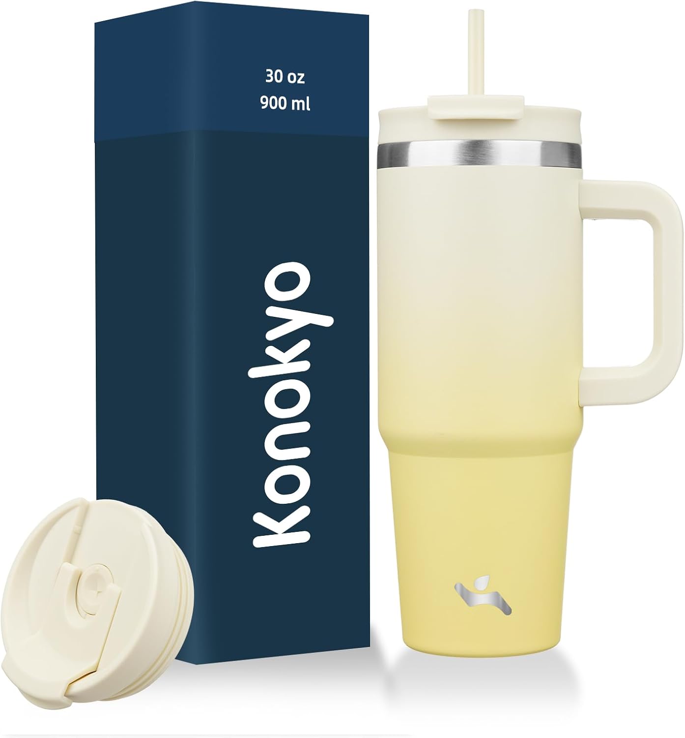 30 oz Insulated Tumbler Water Bottle with Handle, Straw Lid | BPA-free and dishwasher safe; made for gym, travel, coffee and gifting, 2 straws, cup holder friendly,Lemon