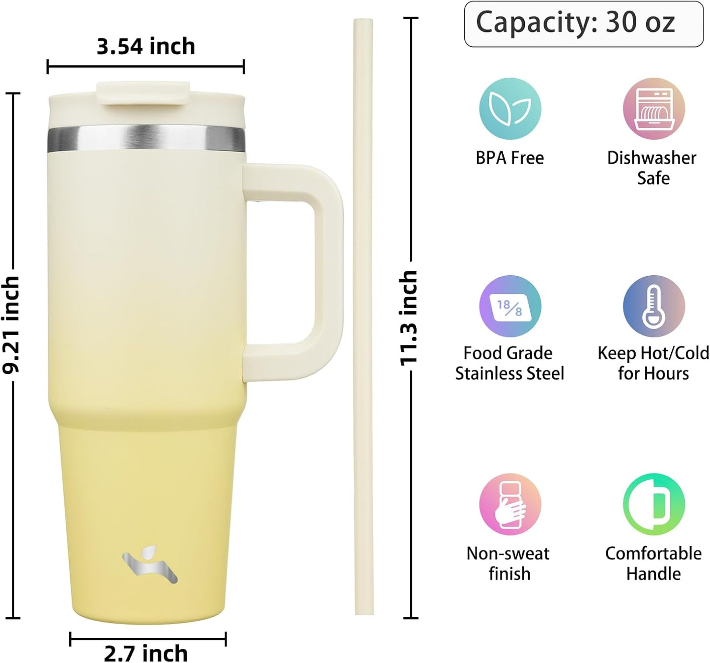 30 oz Insulated Tumbler Water Bottle with Handle, Straw Lid | BPA-free and dishwasher safe; made for gym, travel, coffee and gifting, 2 straws, cup holder friendly,Lemon